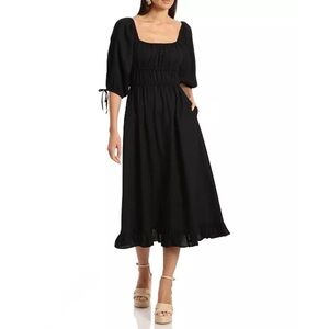 Avec Les Filles Black Linen Rayon Midi Dress 6 Square Neck Puff Sleeve Smocked